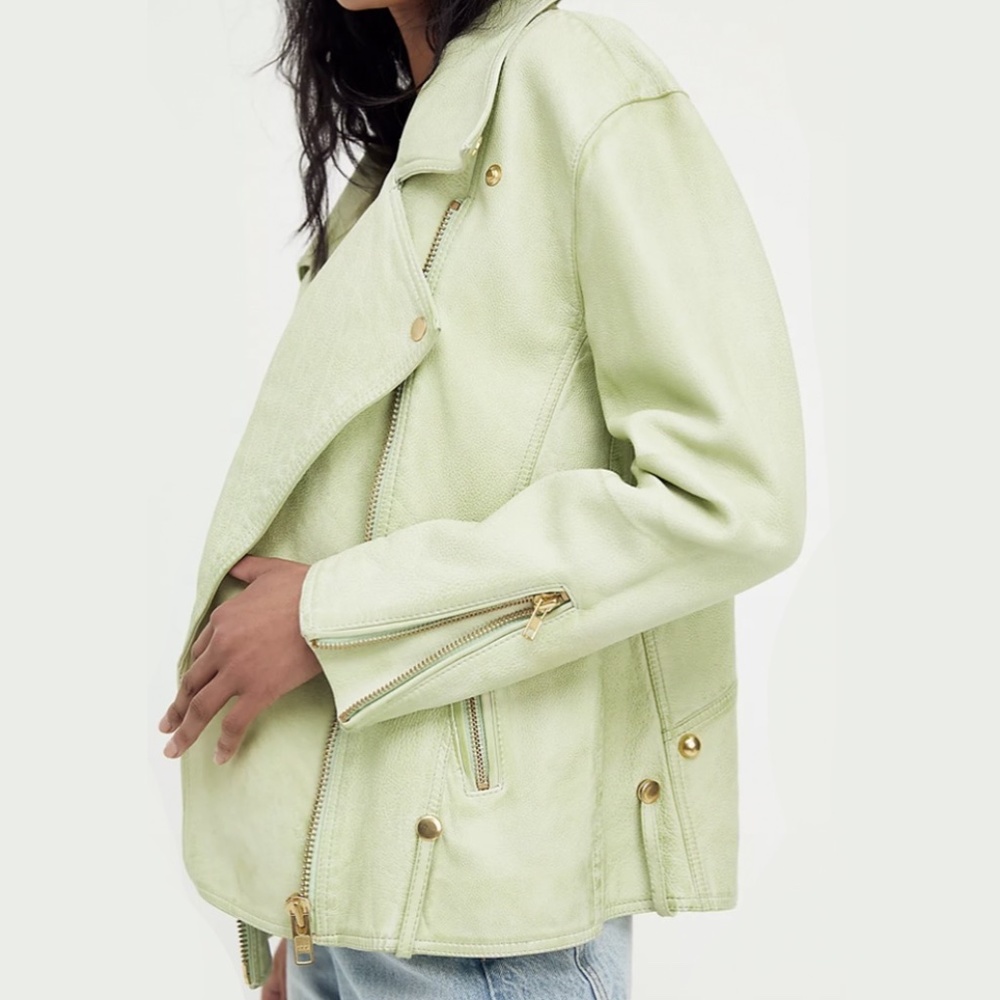 Free People Jealously Leather Moto Jacket S and M Lime Green Mint